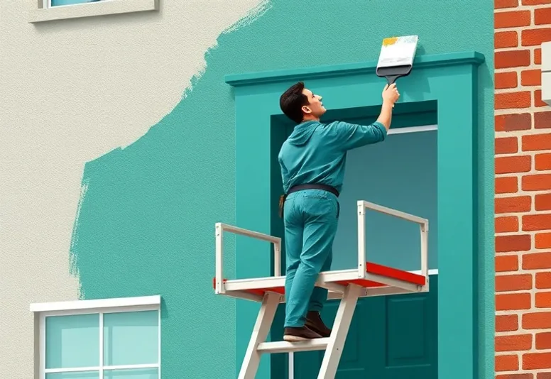 Peintre sur échafaudage traitant la façade d'une maison