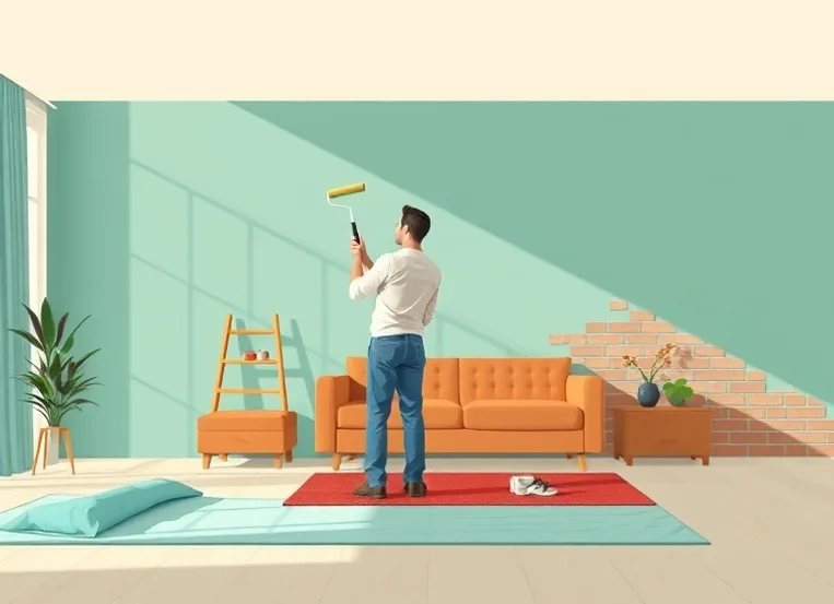 Peintre appliquant la peinture au rouleau sur un mur de salon